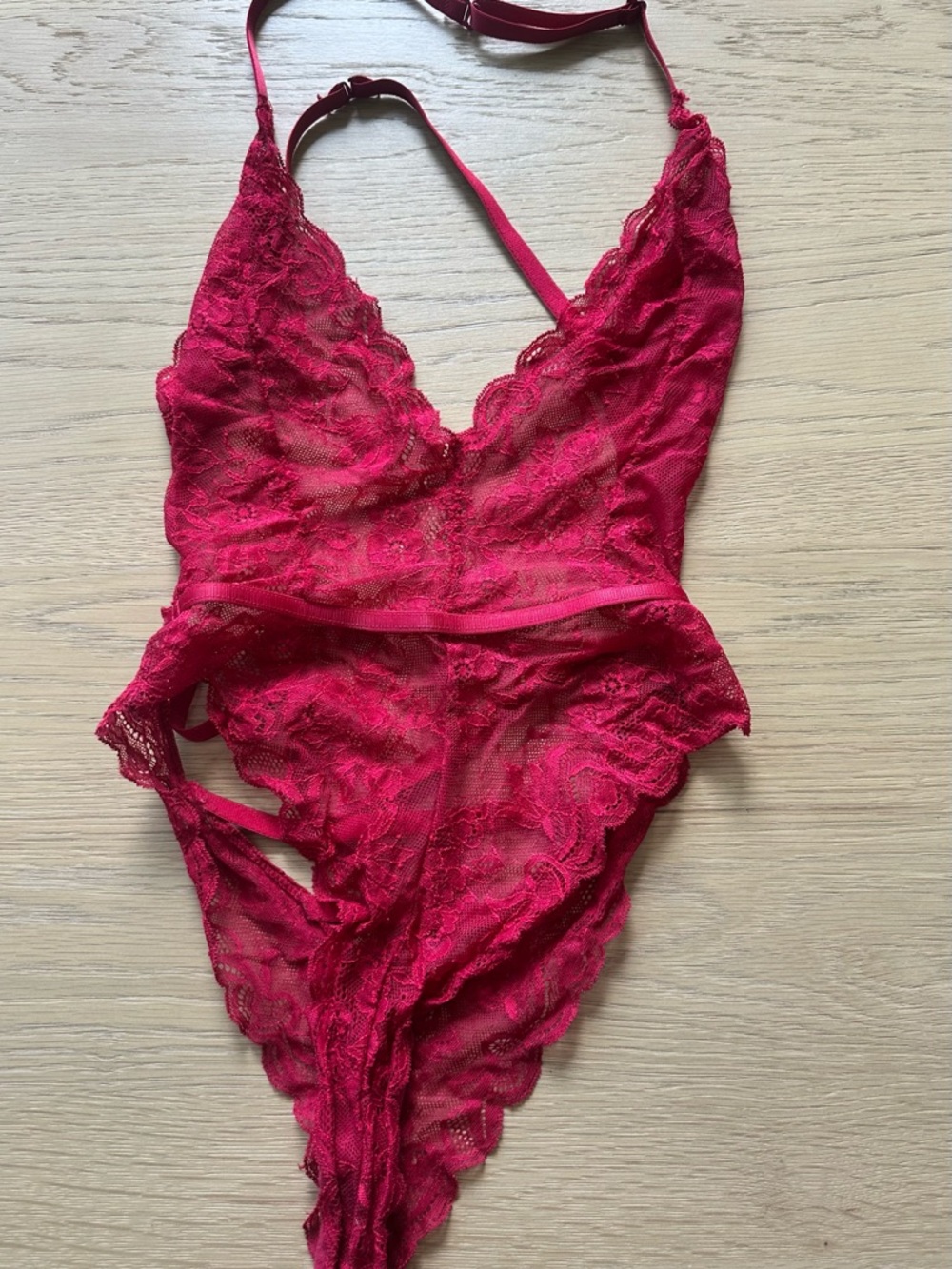 Sheer Lace V-Neck Red Bodysuit